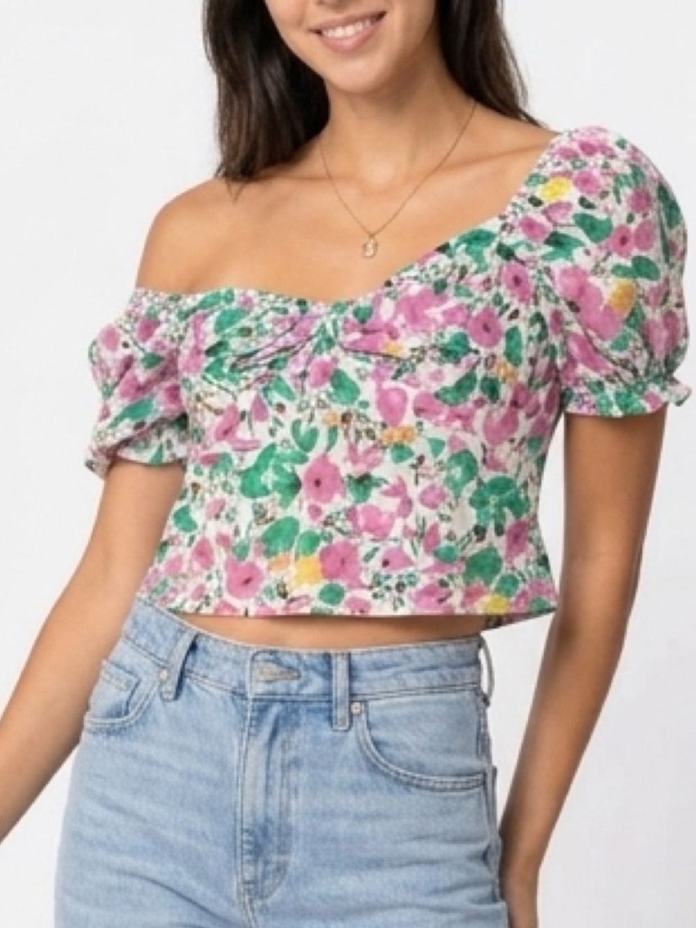 🎀  Floral Puff Sleeve Crop Top - Pink, Green & Pink